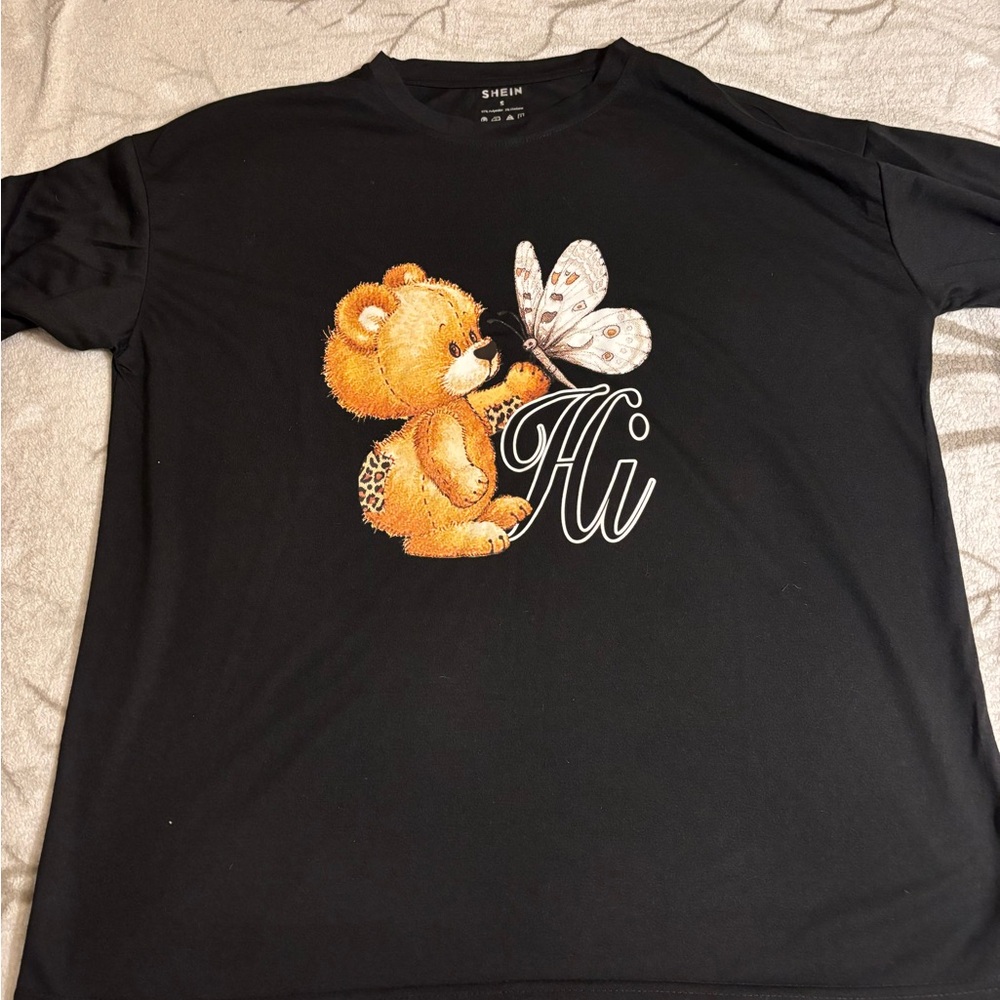 SHEIN Black Tee with Bear and Butterfly Graphic